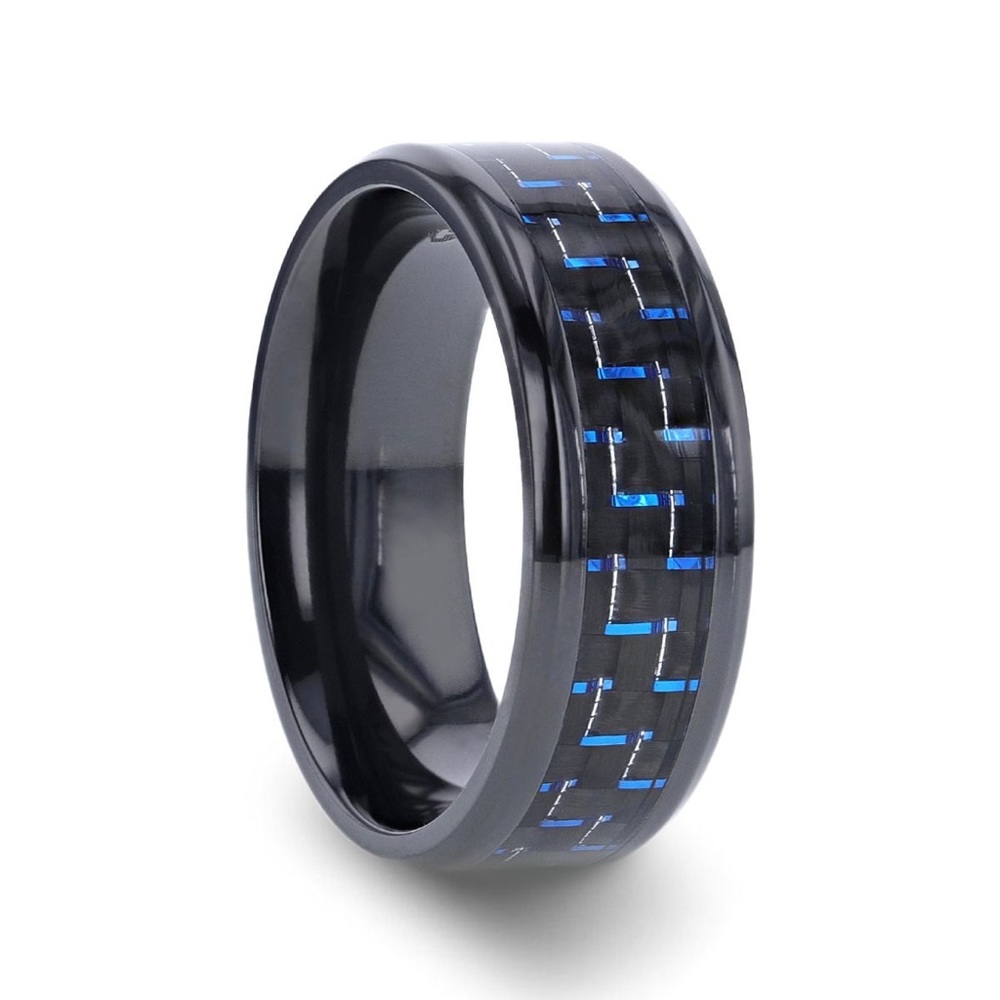 🎆 Black Titanium Ring with Black & Blue Carbon Fiber